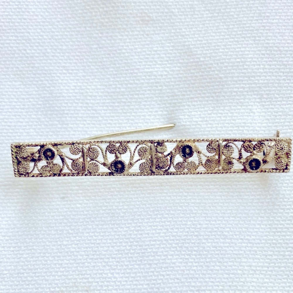 Silver Coin Vintage Bar Pin with Floral Filigree